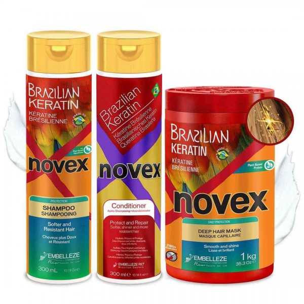 Novex Brazilian Keratin Combo Deal - Novex Brazilian Keratin Shampoo 300 ml, Conditioner 300 ml & Deep Hair Mask 1KG