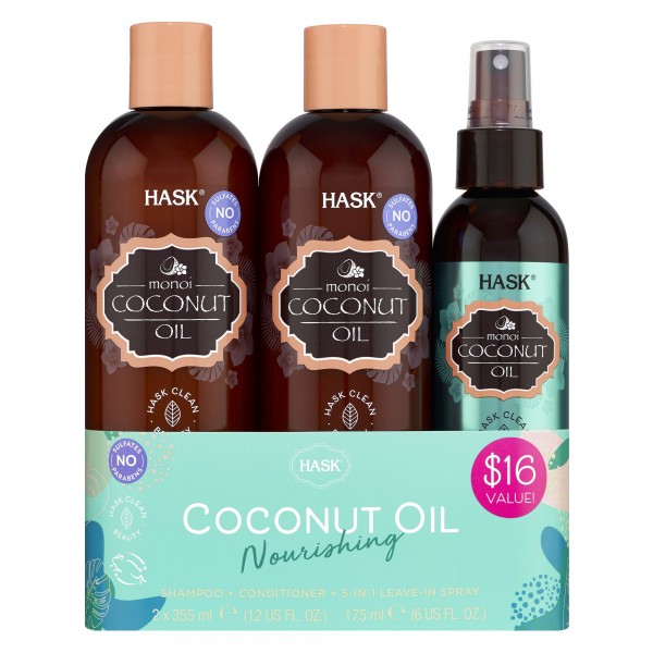 Hask Monoi Coconut Oil - Shampoo, Conditioner & 5-in-1 Leave-in Spray Set