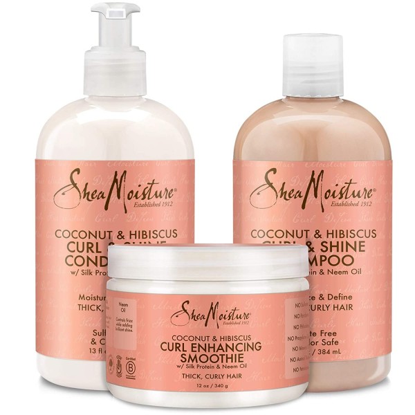 Shea Moisture Coconut & Hibiscus Curl Set: Curl & Shine Shampoo, Curl & Shine Conditioner, Curl Enhancing Smoothie